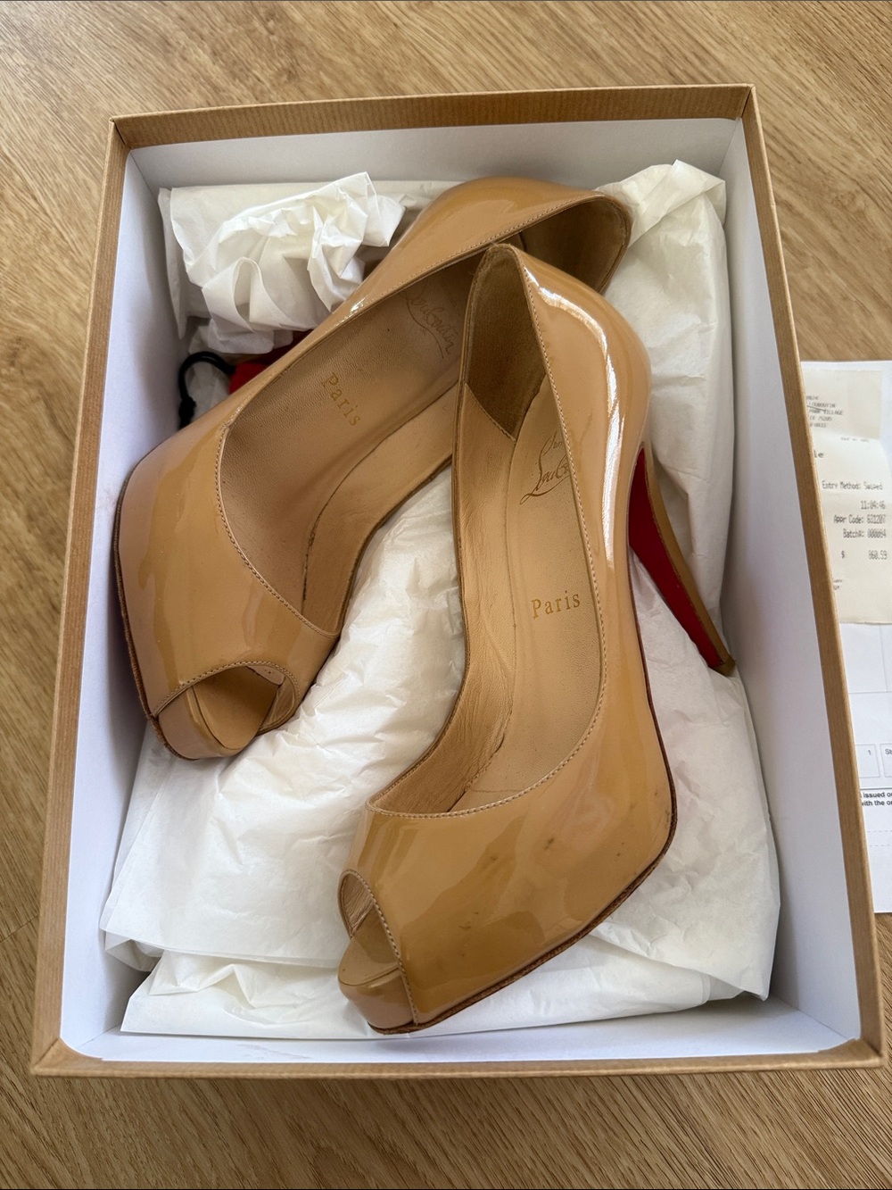 Christian Louboutin Very Prive Tan Patent Peep-Toe Pumps with Red Soles